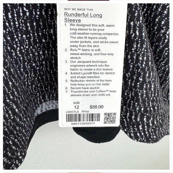 Lululemon Women's Runderful Long Sleeve Active Top Jacquard Black White Size 12 - Picture 3 of 10